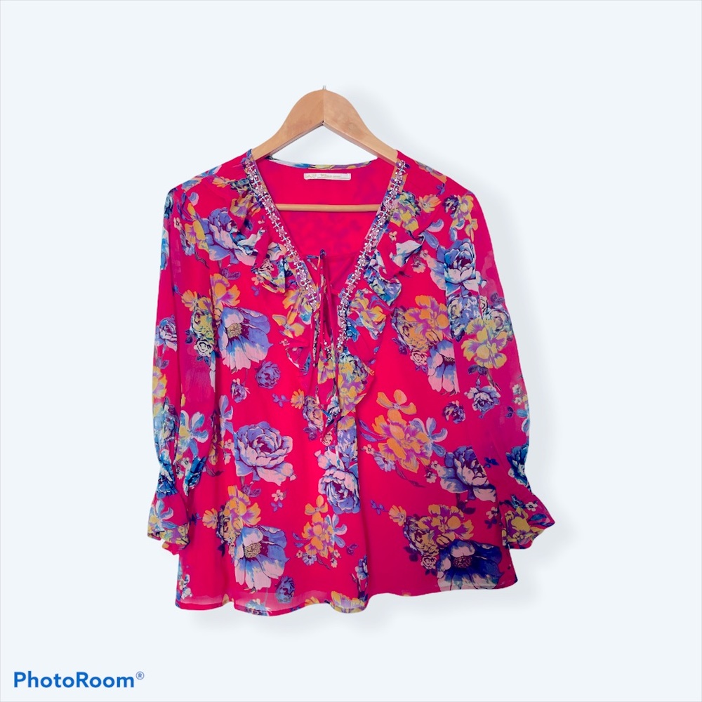 🌴 Coastal Grandma. Colourful & fun tropical floral blouse size L.